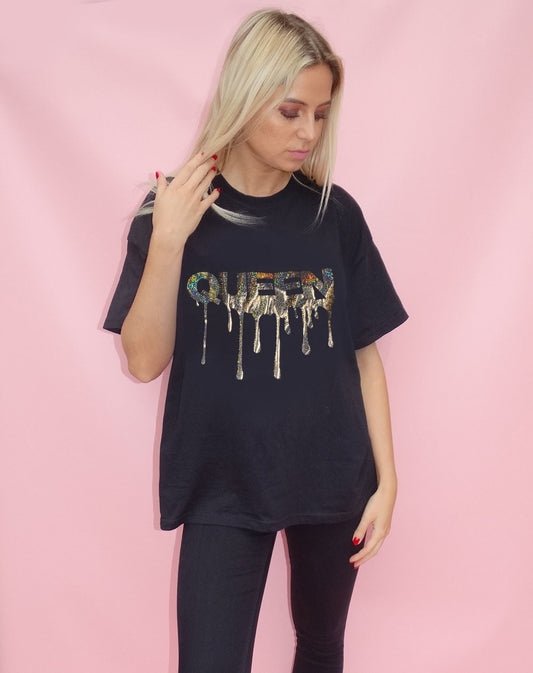 Gold Holographic Queen Drip Print Tshirt In Black