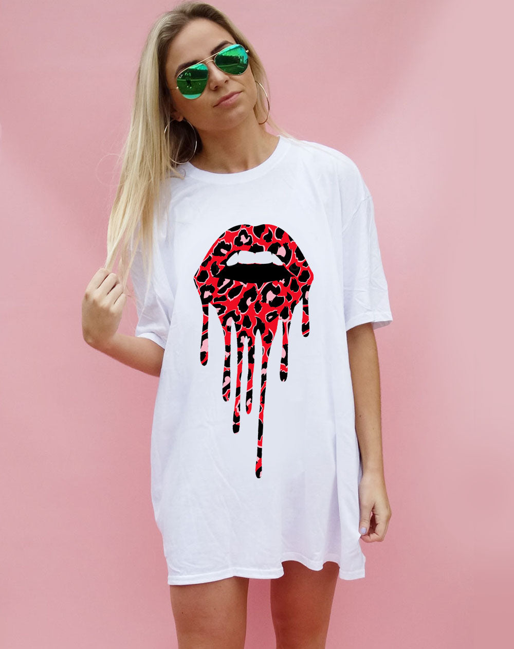 Red and Pink Leopard Drip Lip Oversize Tshirt Dress