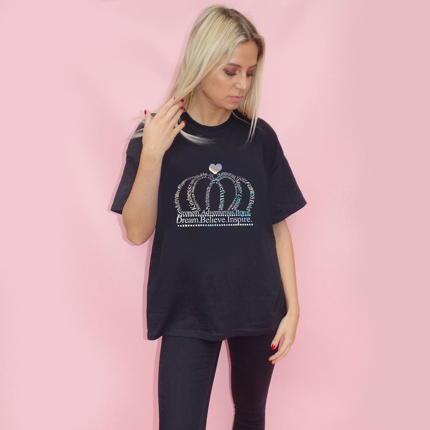 Silver Holographic Crown Words Tshirt In Black