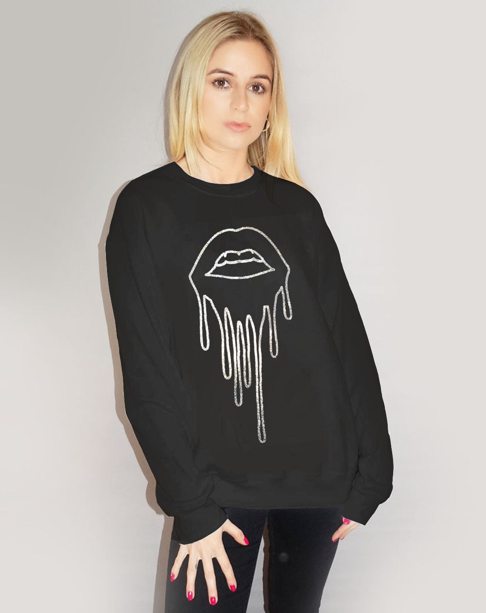 Silver Holographic Drip Lip Outline Jumper In Black