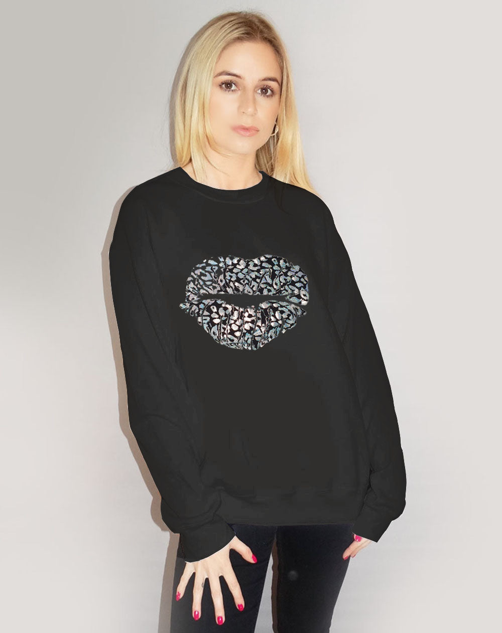 Silver Holographic Leopard Kiss Jumper In Black