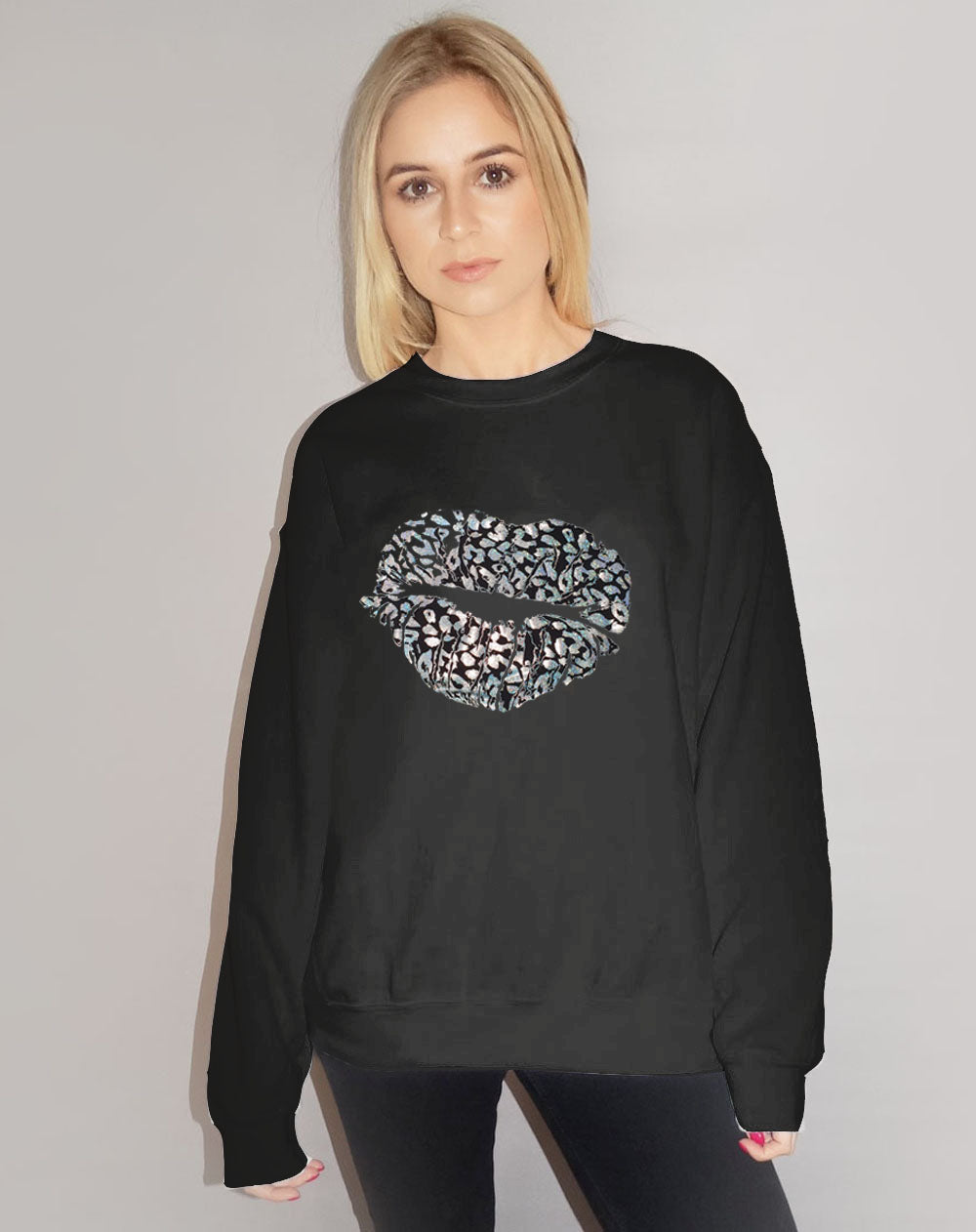 Silver Holographic Leopard Kiss Jumper In Black