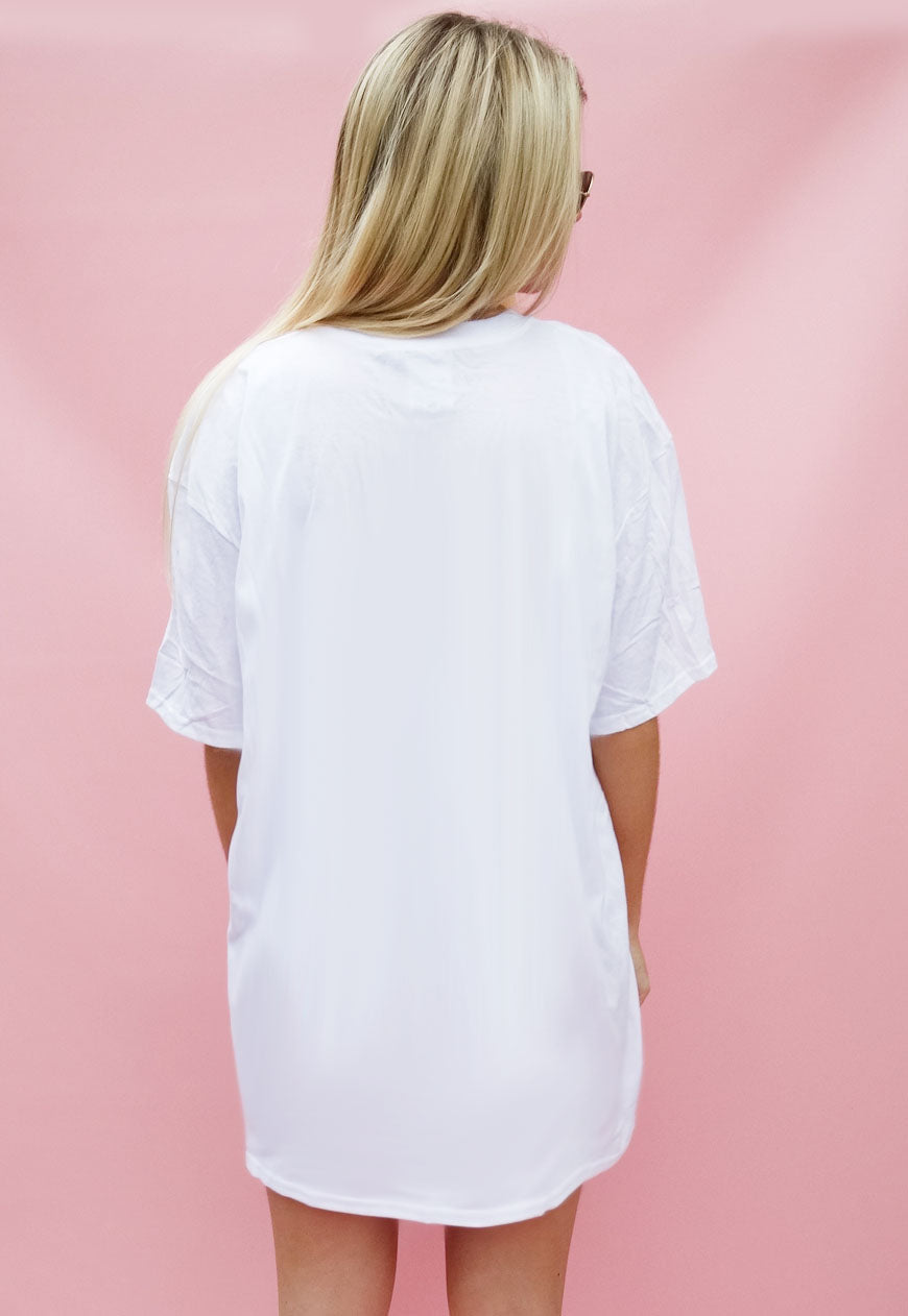 White Tshirt Dress with Positive Slogan Lip Print