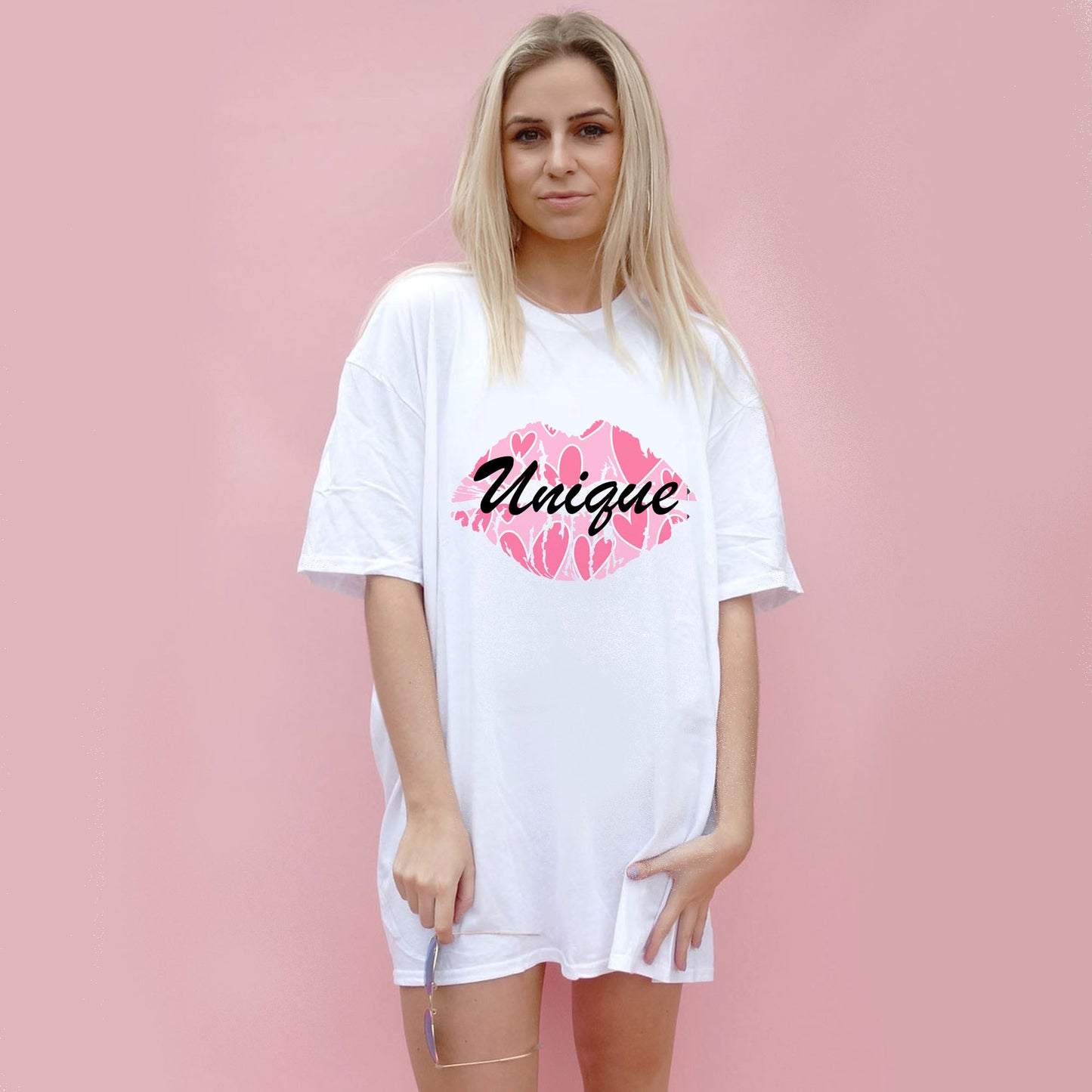 Pink and White Heart Outline Unique Motif Tshirt In White