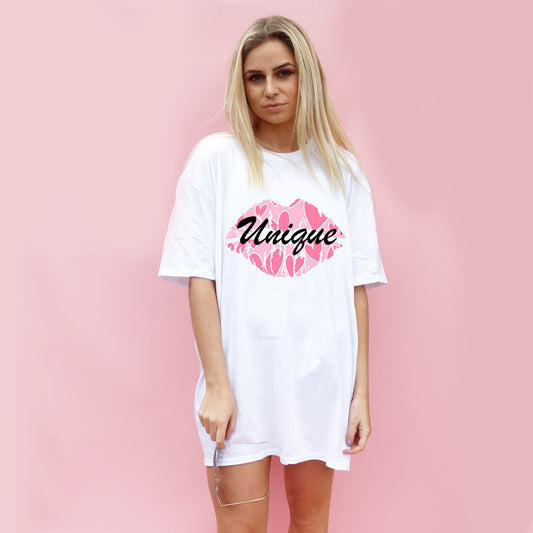 Pink and White Heart Outline Unique Motif Tshirt In White