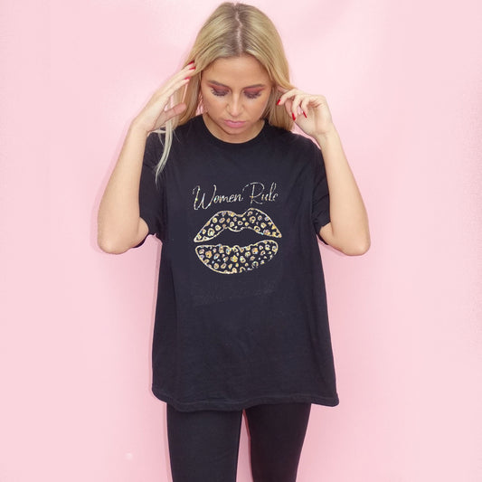 Gold Holographic Women Rule Leopard Lip T-Shirt In Black
